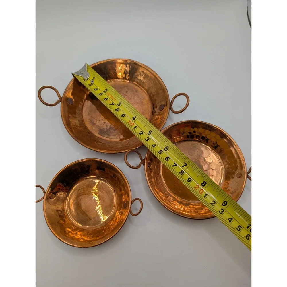 Vintage Mini Copper Cazo Set of 3 Hammered Mexican Style Cazo Pans